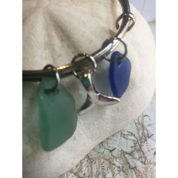 Cobalt Blue & Teal Sea Glass Bangle with Whale Tail - Picture 3 of 6